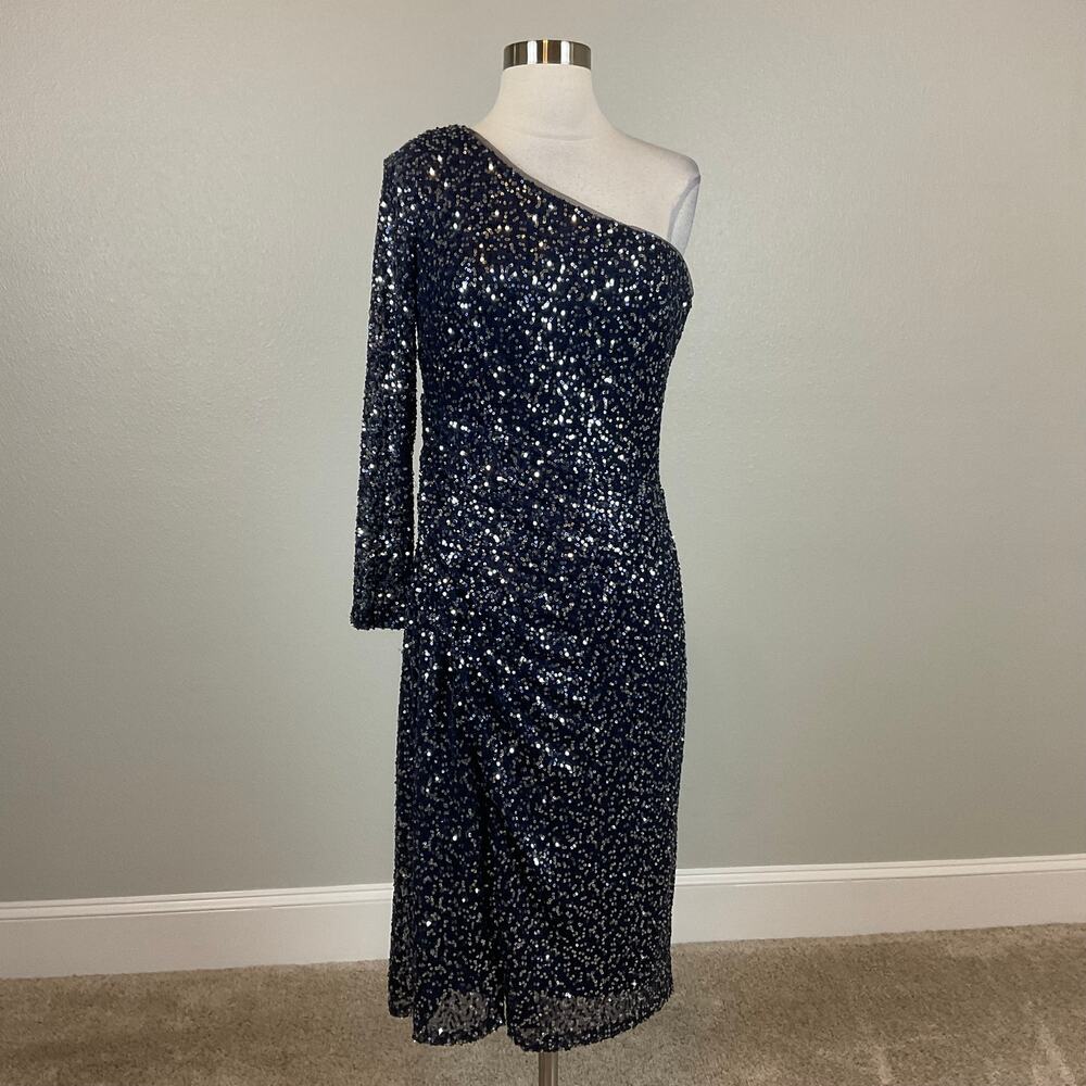 Betsy & Adam Blue Cocktail Dress Sequin One Shoulder Long Sleeve Sheath Size 10 - Picture 2 of 13